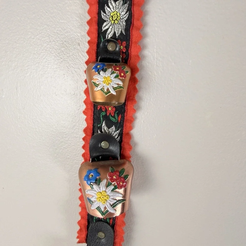 Vintage Brass Swiss Cow Bells Hand Painted on Embroidered Strap